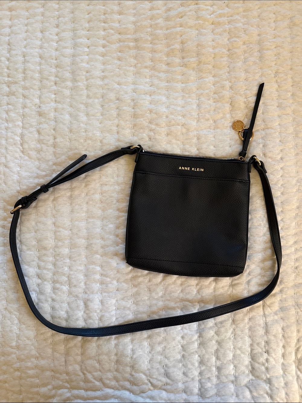 Anne Klein Black Pebbled Leather Crossbody with Gold Hardware